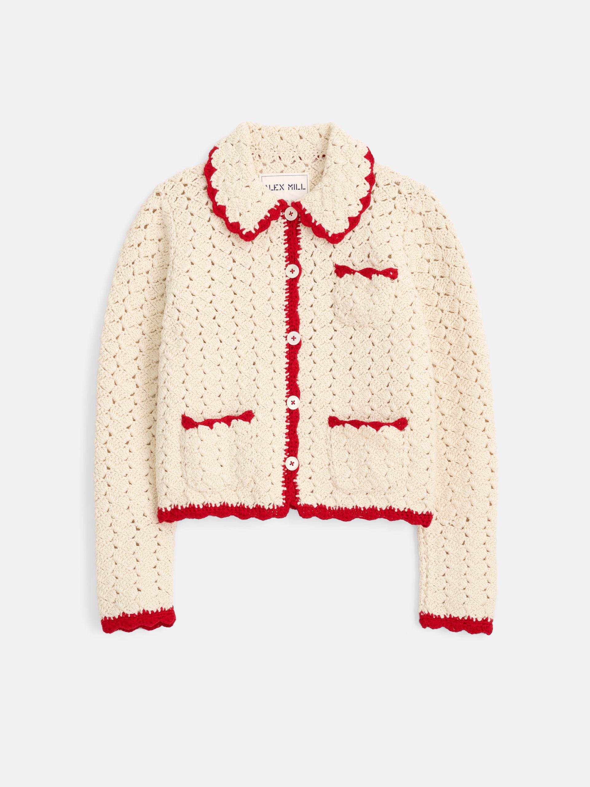 Alex Mill Molly Hand-Crochet Cardigan Ivory/Red