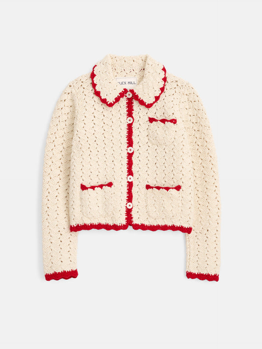 Alex Mill Molly Hand-Crochet Cardigan Ivory/Red