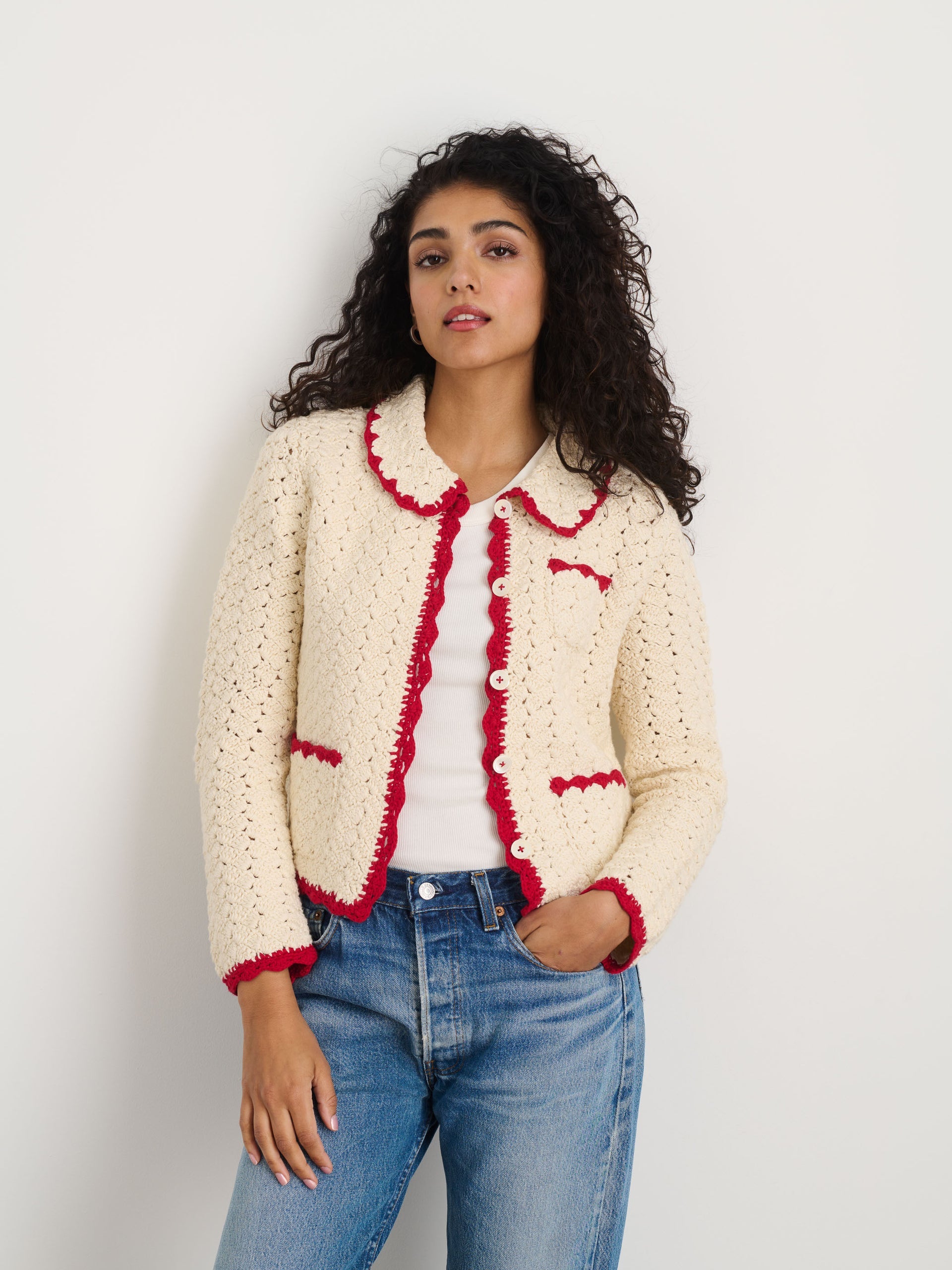 Alex Mill Molly Hand-Crochet Cardigan Ivory/Red