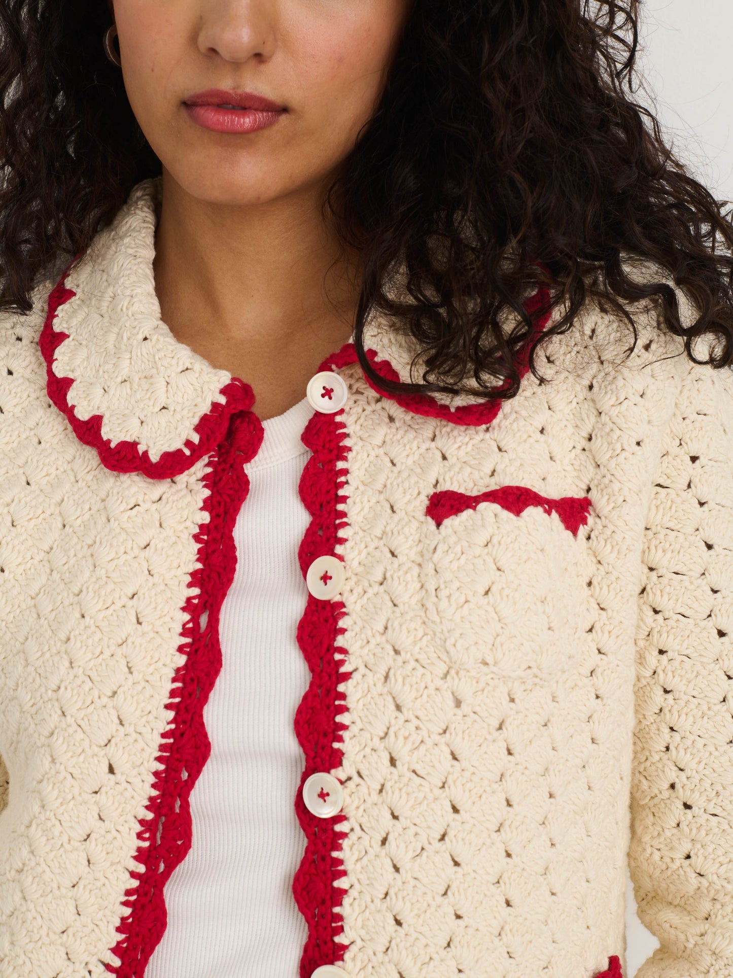 Alex Mill Molly Hand-Crochet Cardigan Ivory/Red