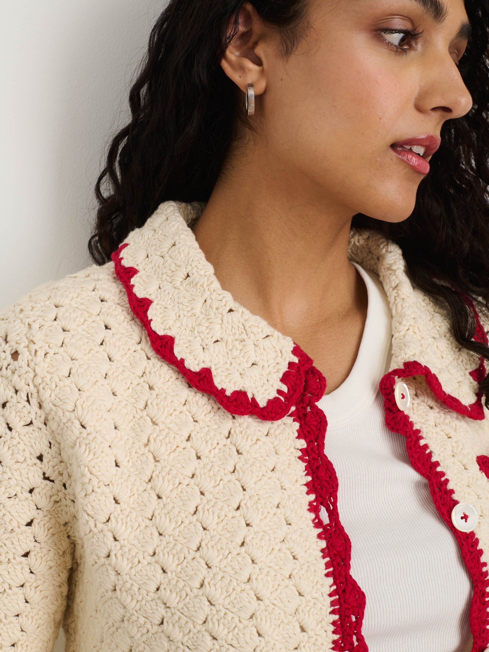 Alex Mill Molly Hand-Crochet Cardigan Ivory/Red