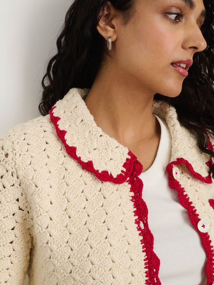 Alex Mill Molly Hand-Crochet Cardigan Ivory/Red