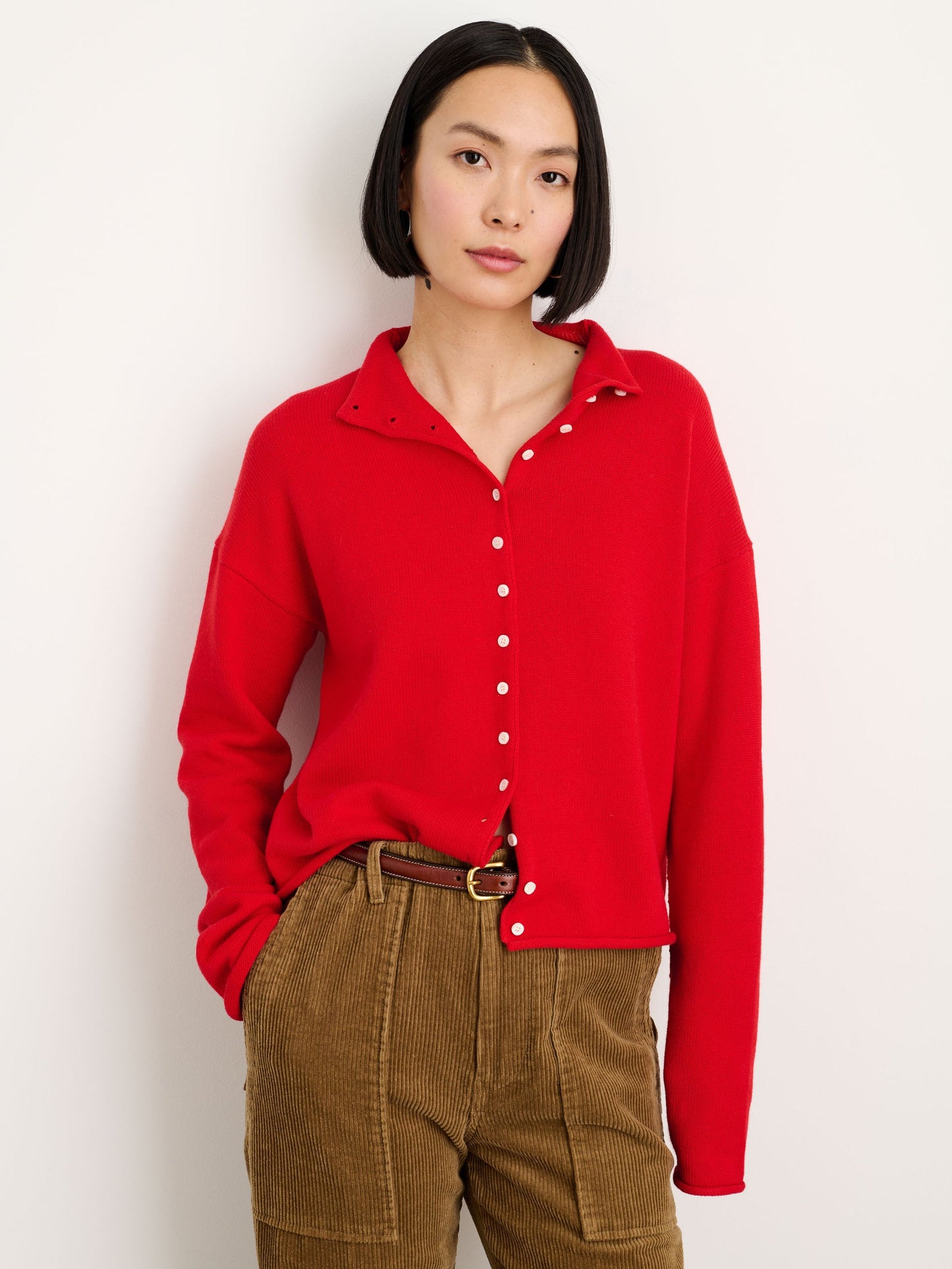 Alex Mill Taylor Rollneck Cardigan in Cotton Cashmere Fire Red