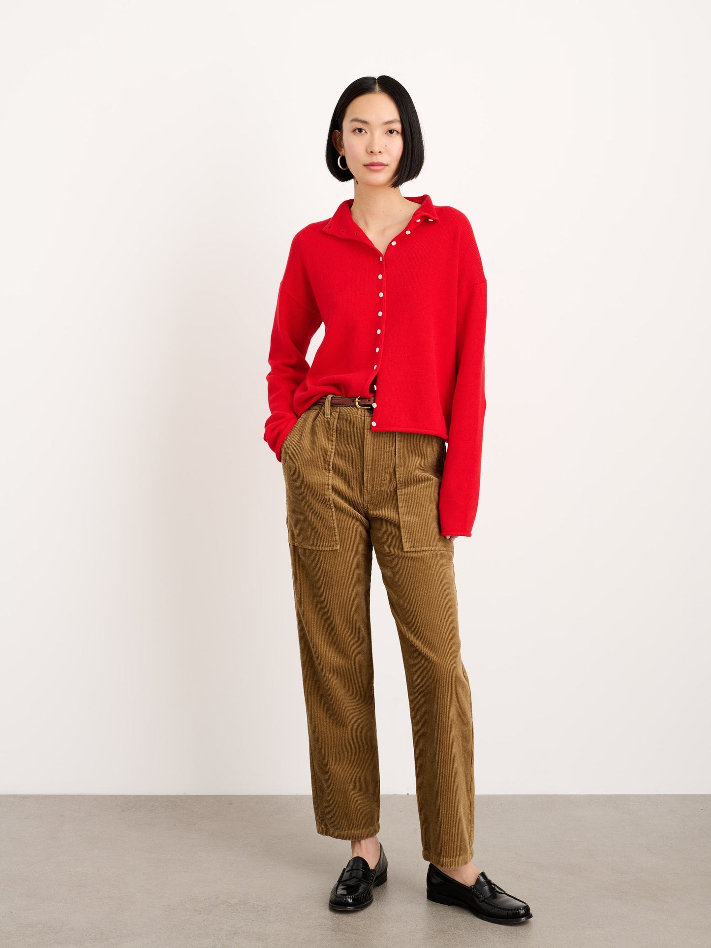 Alex Mill Taylor Rollneck Cardigan in Cotton Cashmere Fire Red