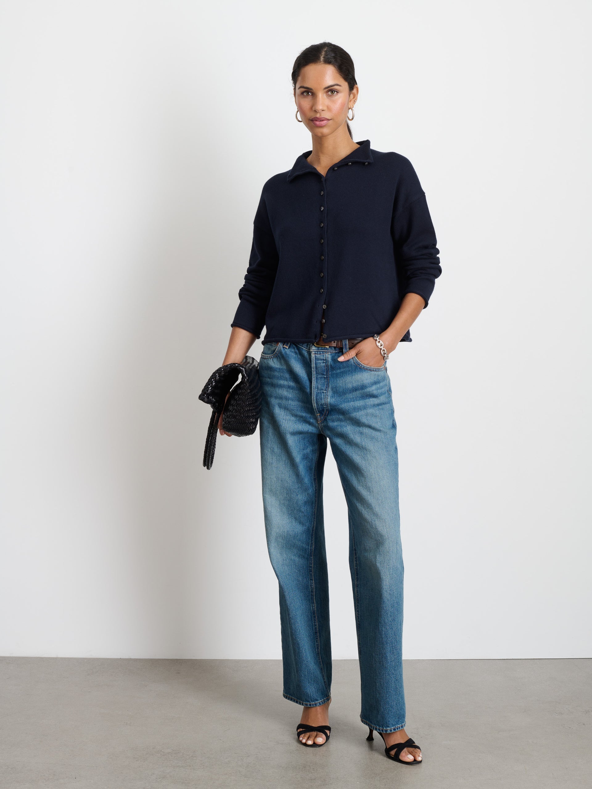 Alex Mill Taylor Rollneck Cardigan in Cotton Cashmere Navy