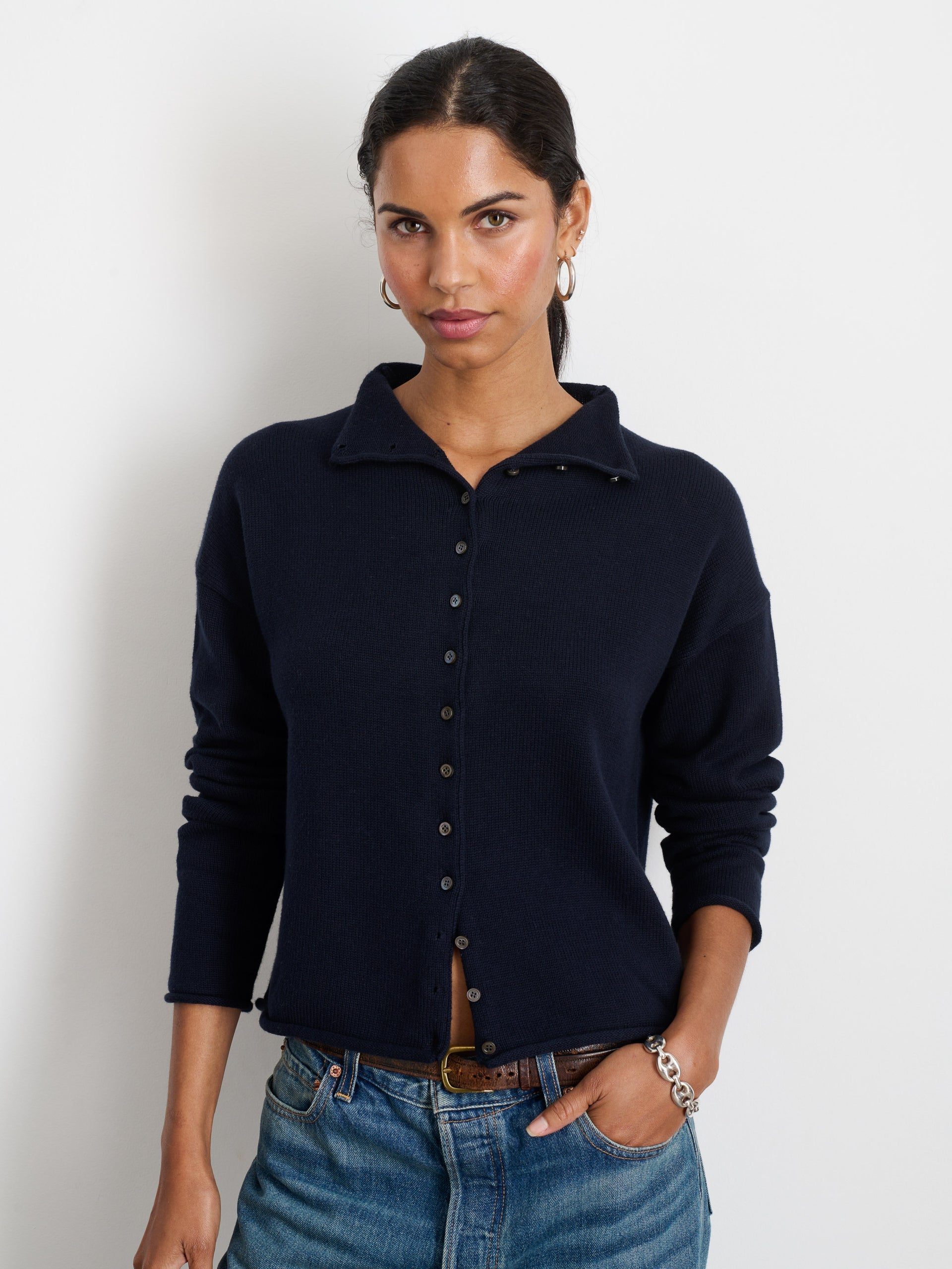 Alex Mill Taylor Rollneck Cardigan in Cotton Cashmere Navy