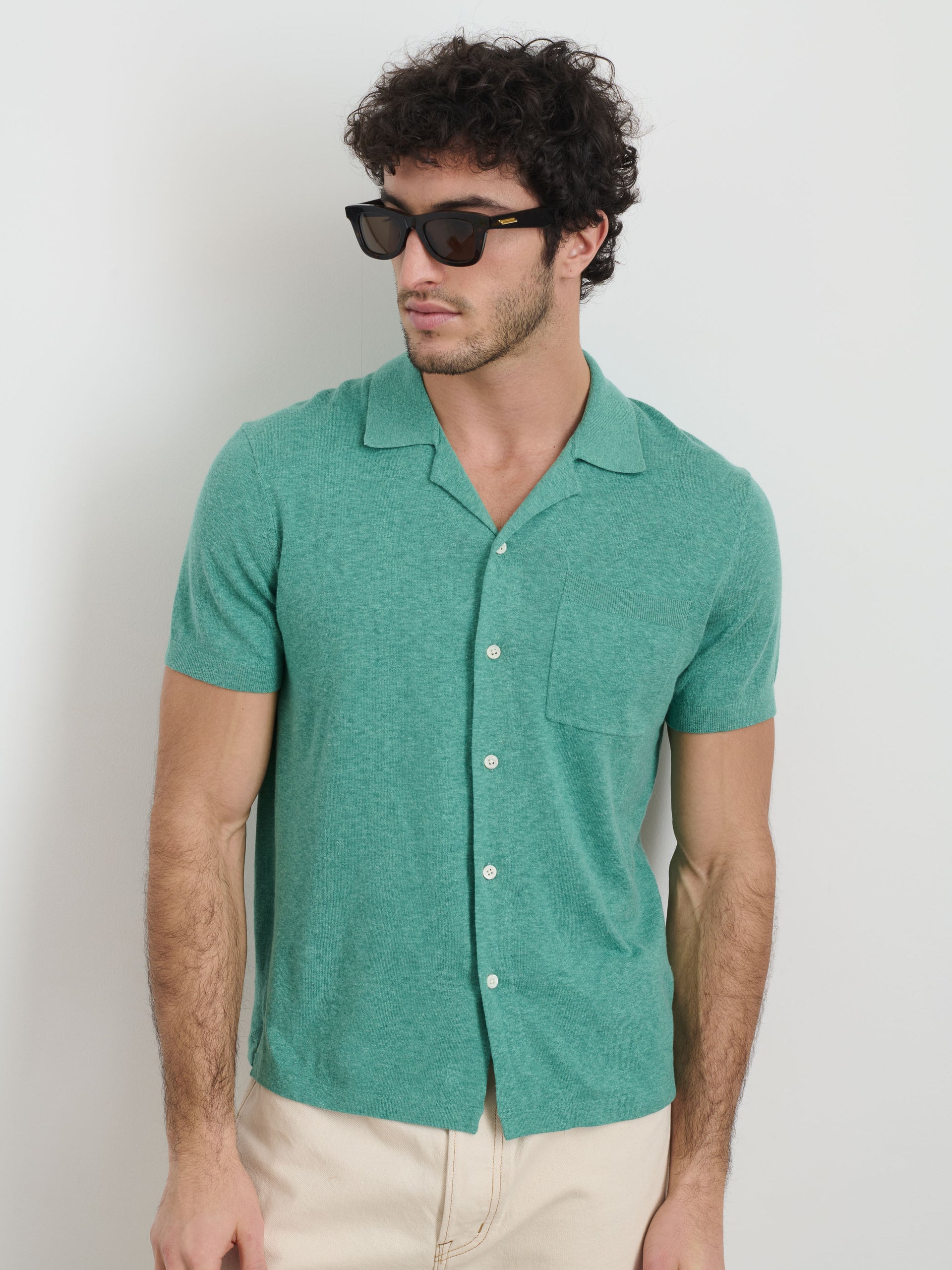 Alex Mill Aldrich Knit Shirt in Hemp Cotton Heather Jade