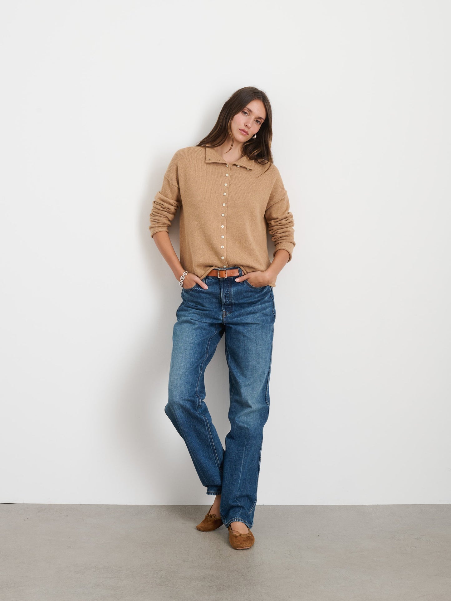 Alex Mill Taylor Rollneck Cardigan in Cotton Cashmere Camel