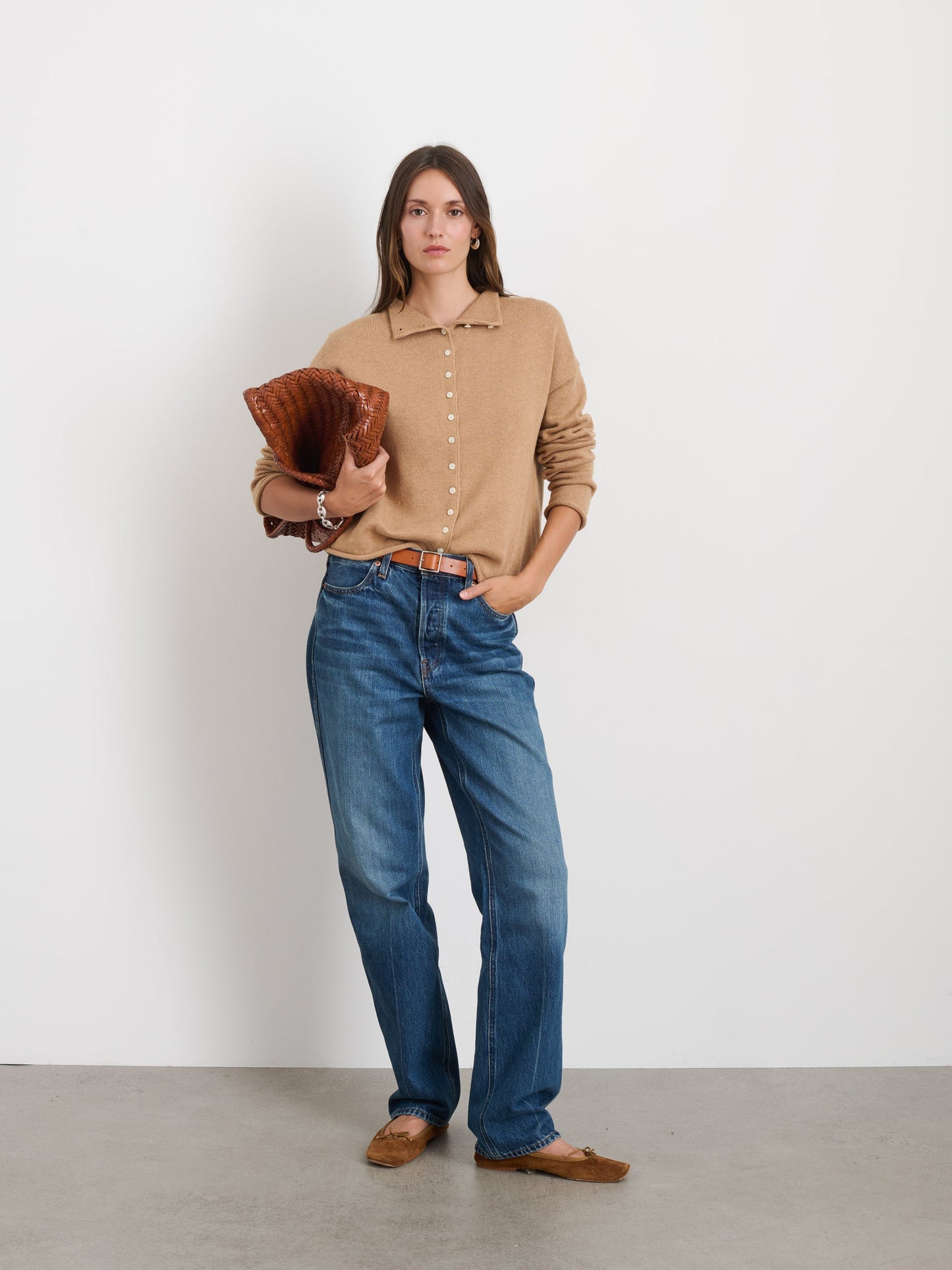 Alex Mill Taylor Rollneck Cardigan in Cotton Cashmere Camel