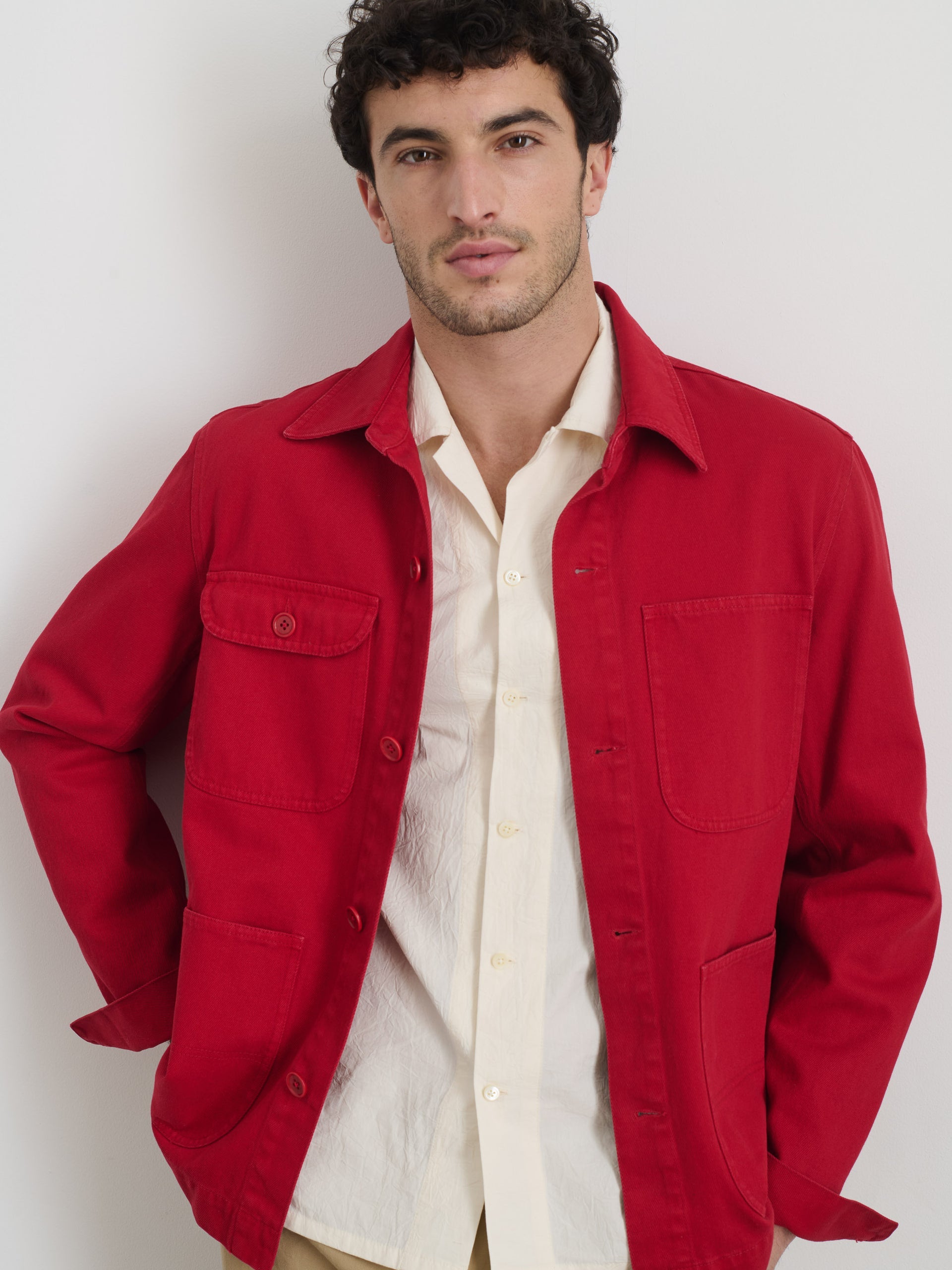 Alex Mill Garment Dyed Work Jacket in Recycled Denim Red Pepper