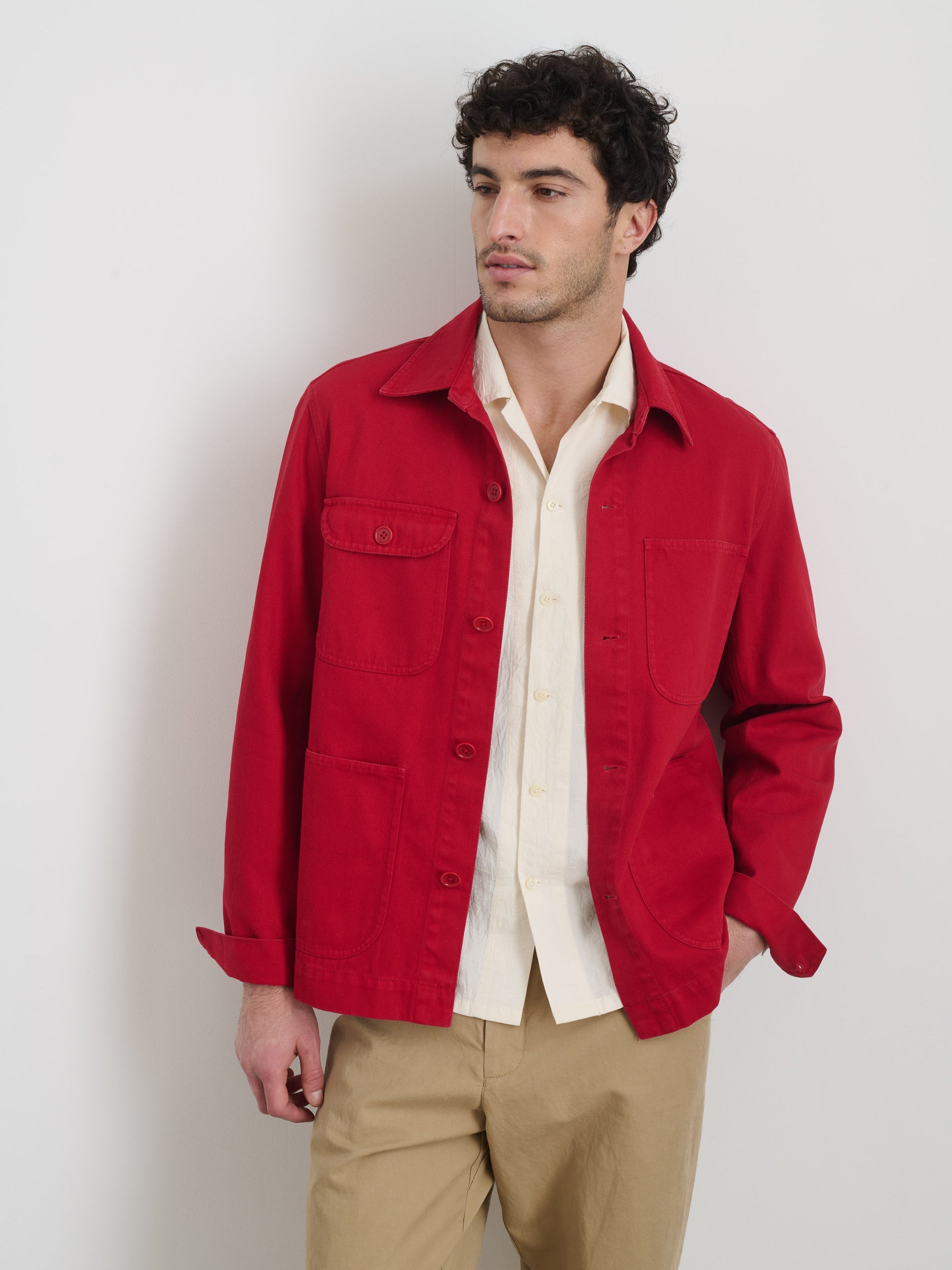Alex Mill Garment Dyed Work Jacket in Recycled Denim Red Pepper