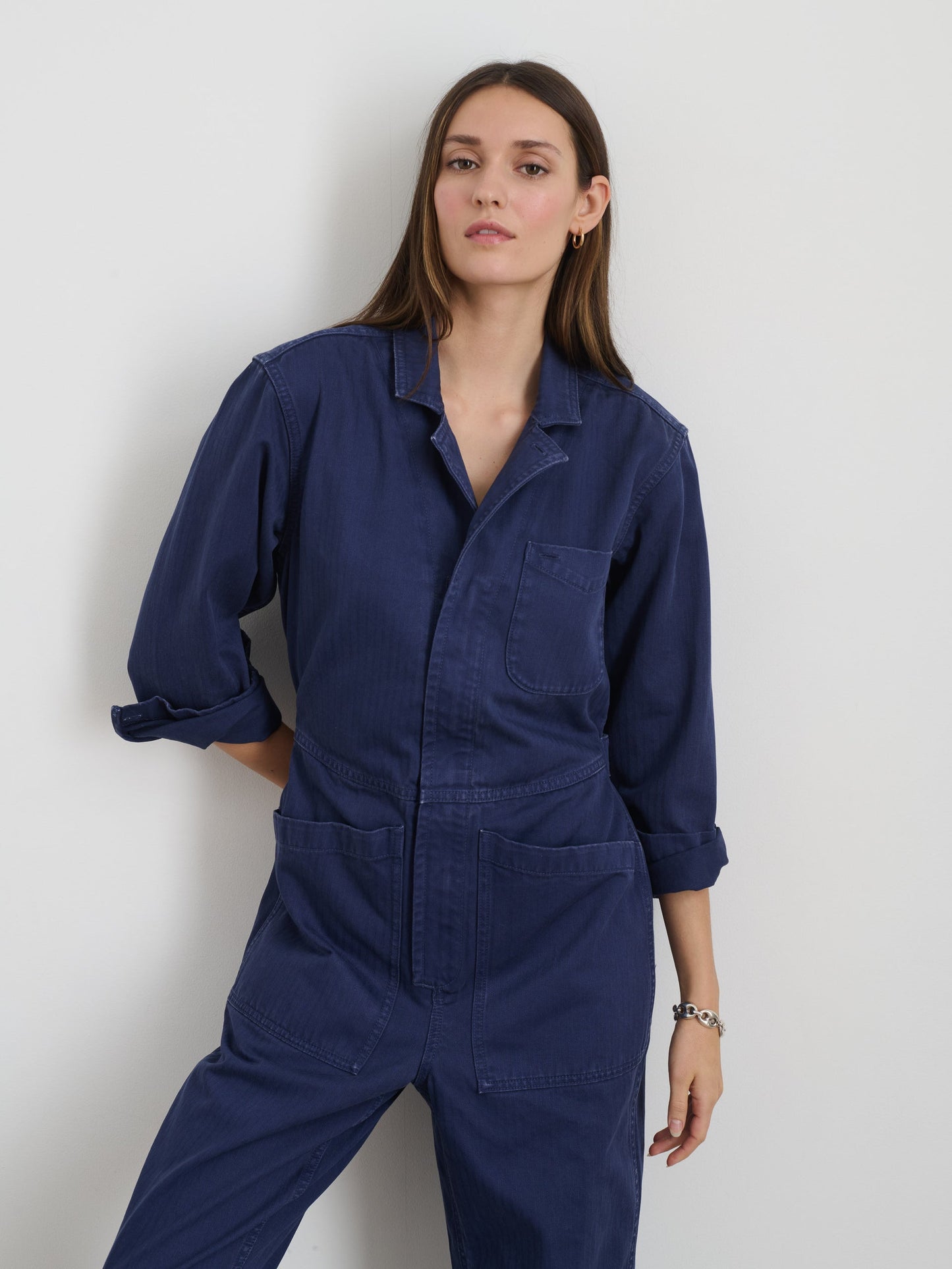 Alex Mill Standard Zip Jumpsuit in Herringbone Midnight Blue