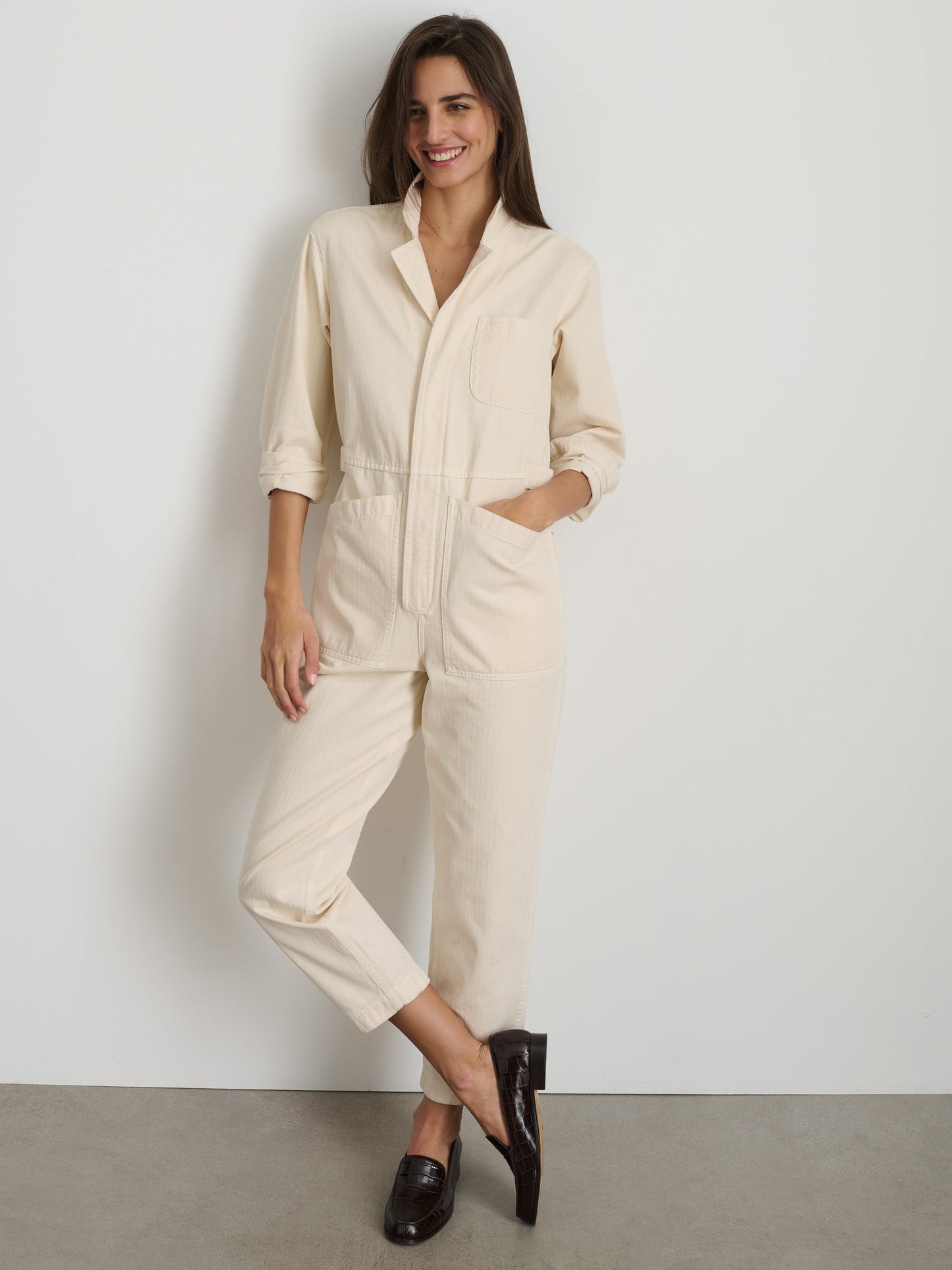 Alex Mill Standard Zip Jumpsuit in Herringbone Off White