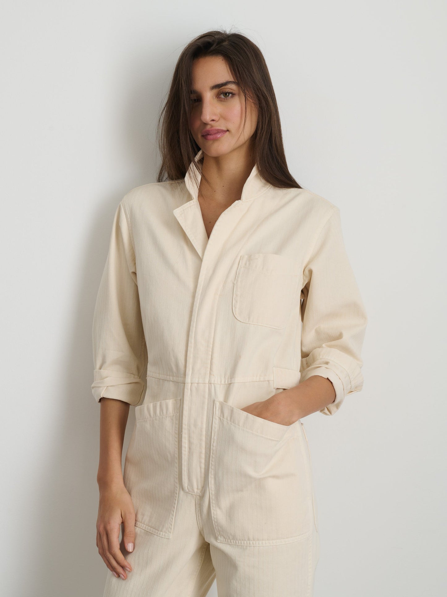 Alex Mill Standard Zip Jumpsuit in Herringbone Off White
