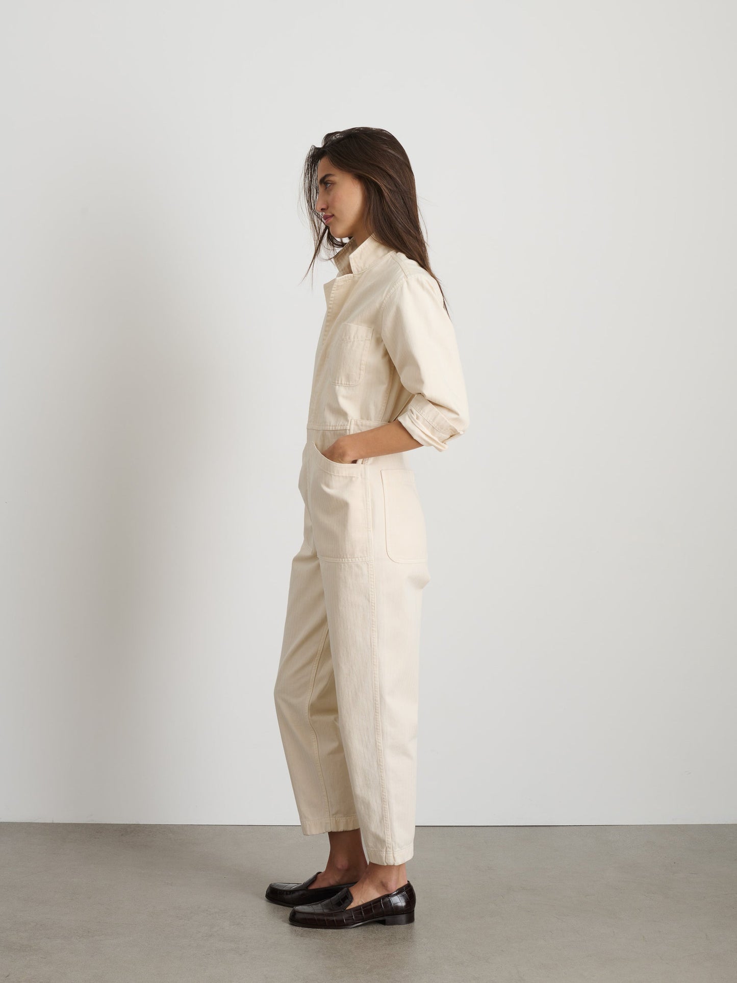Alex Mill Standard Zip Jumpsuit in Herringbone Off White
