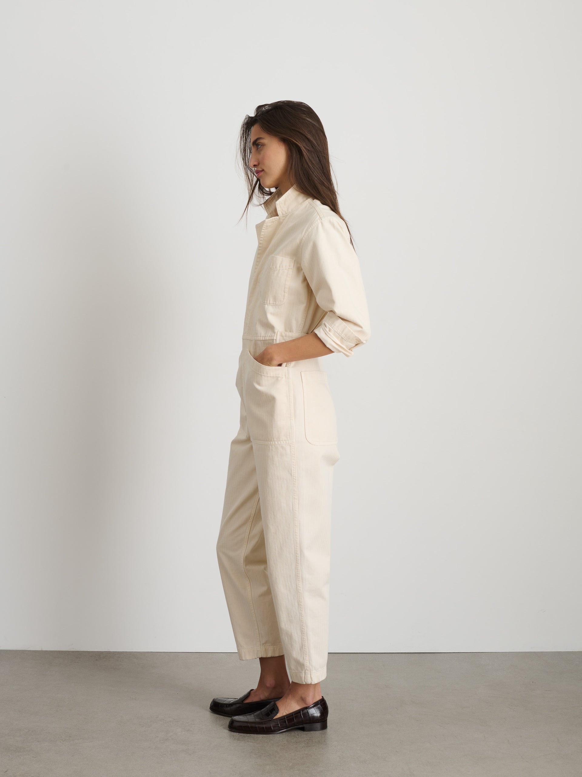 Alex Mill Standard Zip Jumpsuit in Herringbone Off White