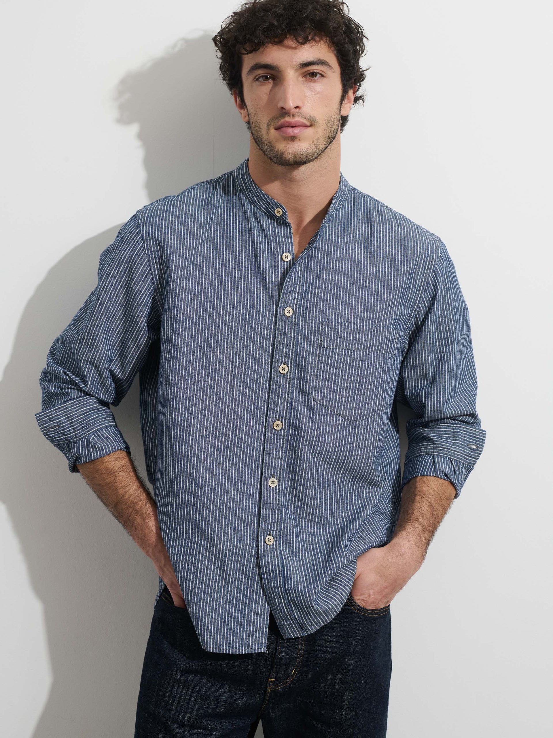 Alex Mill OMNIGOD x Alex Mill Band Collar Shirt in Stripe