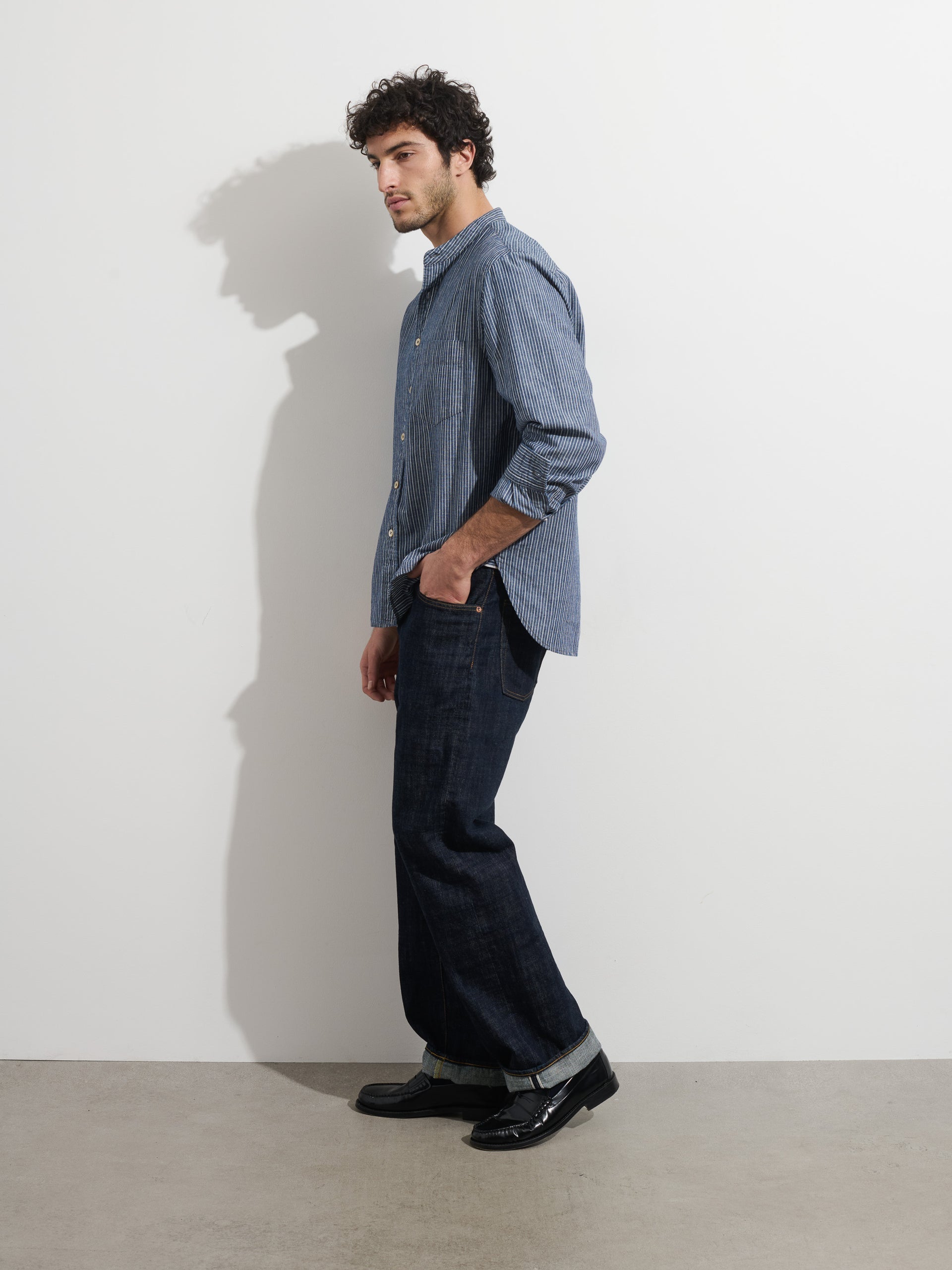 Alex Mill OMNIGOD x Alex Mill Band Collar Shirt in Stripe