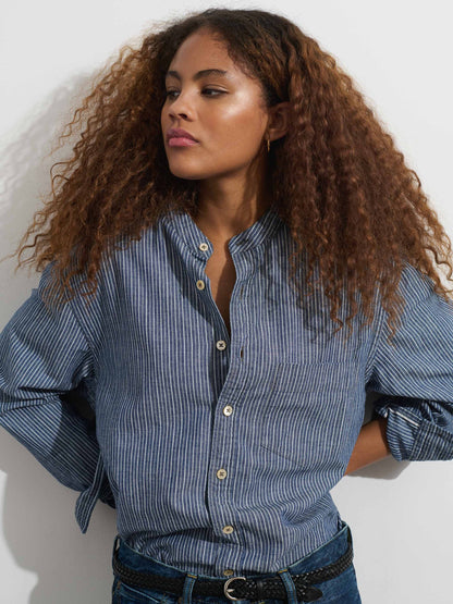 Alex Mill OMNIGOD x Alex Mill Band Collar Shirt in Stripe