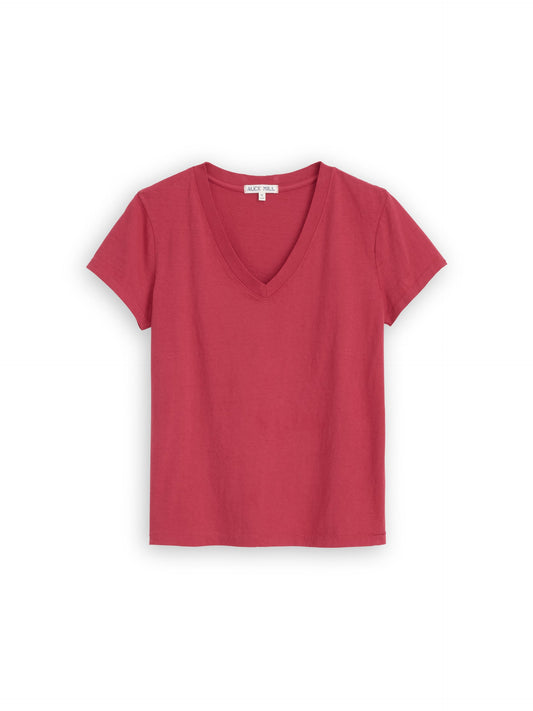 Alex Mill Elliott V Neck Tee in Cotton Cranberry