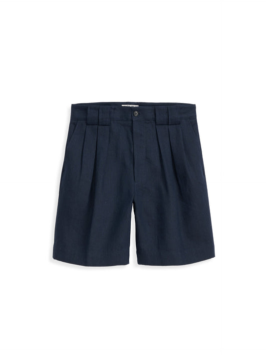 Alex Mill Daniel Pleated Shorts In Linen Herringbone Navy/Black