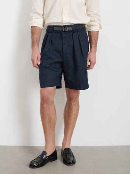 Alex Mill Daniel Pleated Shorts In Linen Herringbone Navy/Black