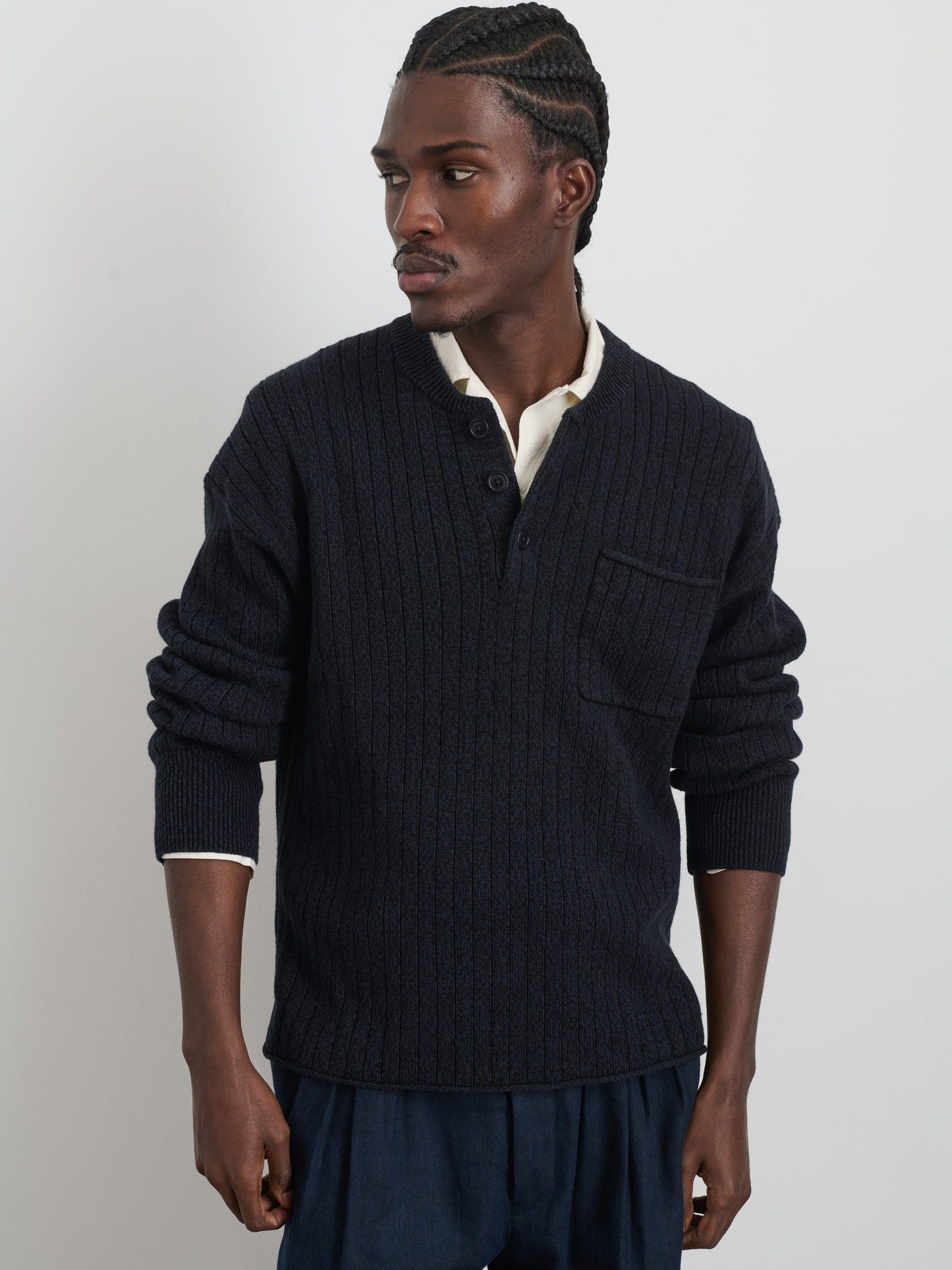 Alex Mill Sawyer Ribbed Henley Sweater Marled Navy
