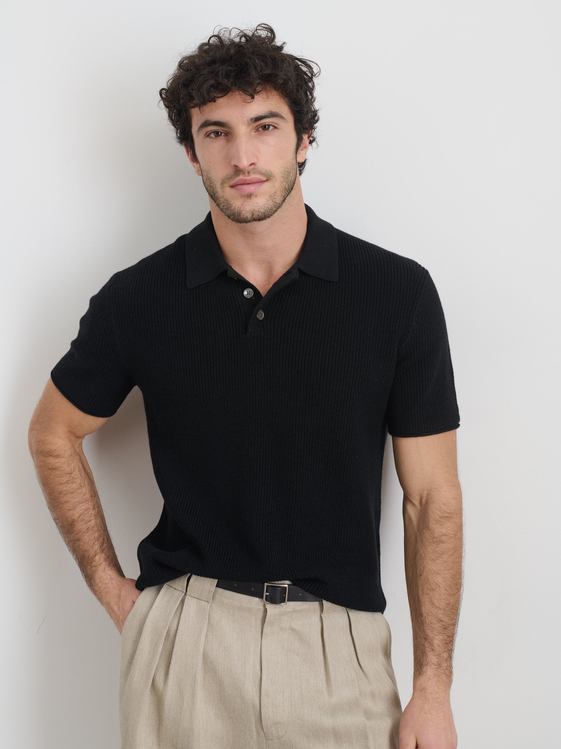 Alex Mill Eastwood Polo in Cotton Linen Black
