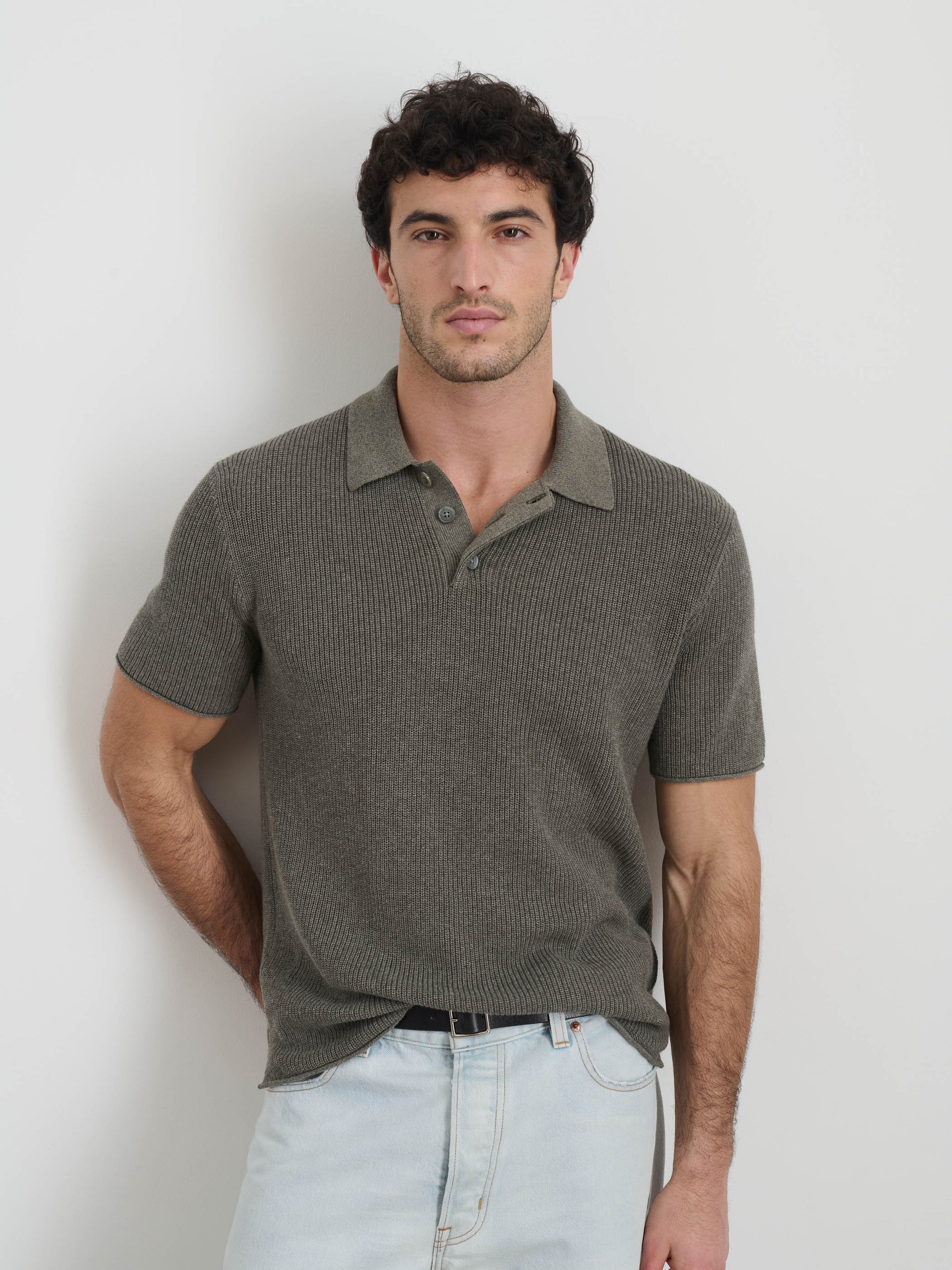 Alex Mill Eastwood Polo in Cotton Linen Heather Olive