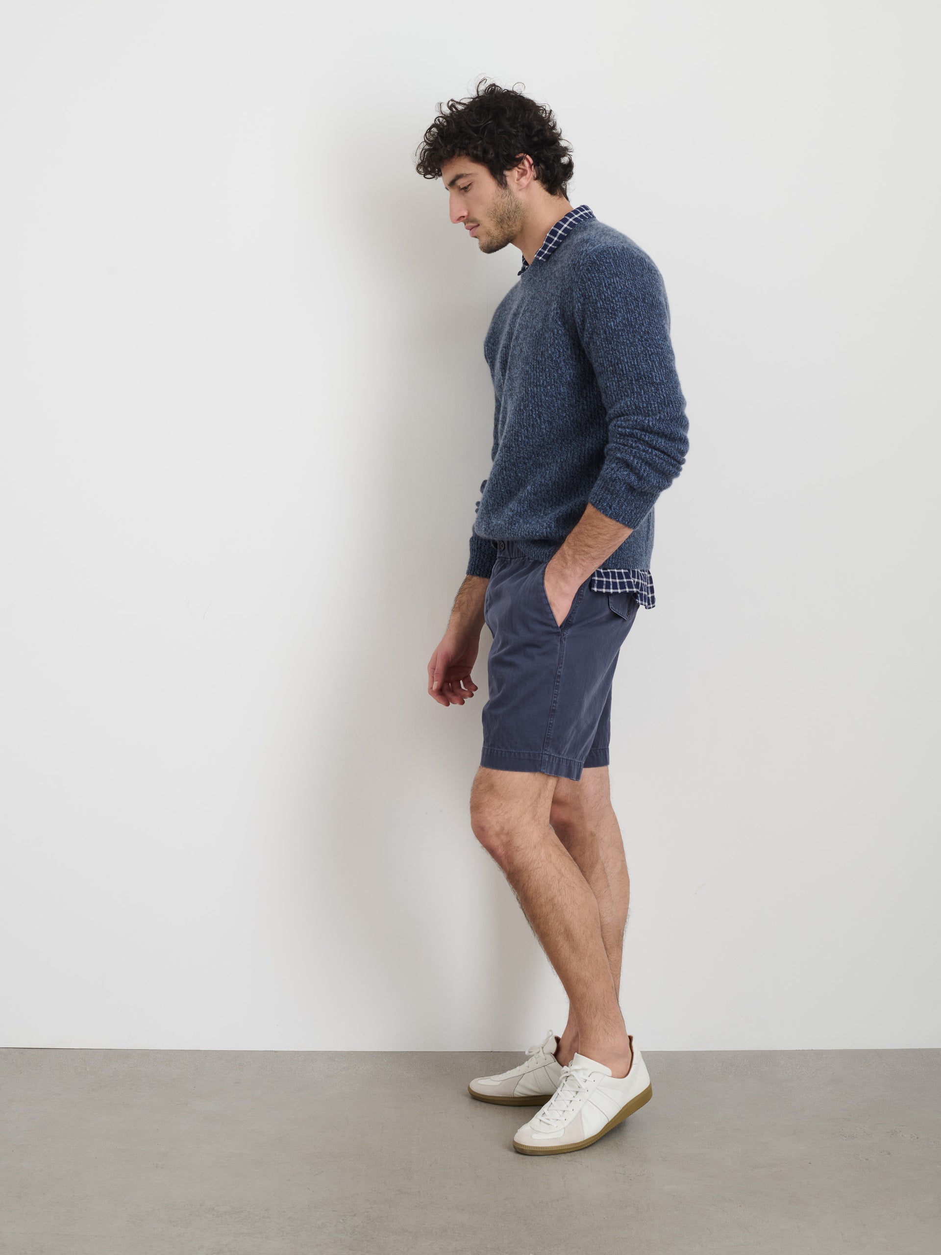 Alex Mill Pull On Short In Cotton Herringbone Navy