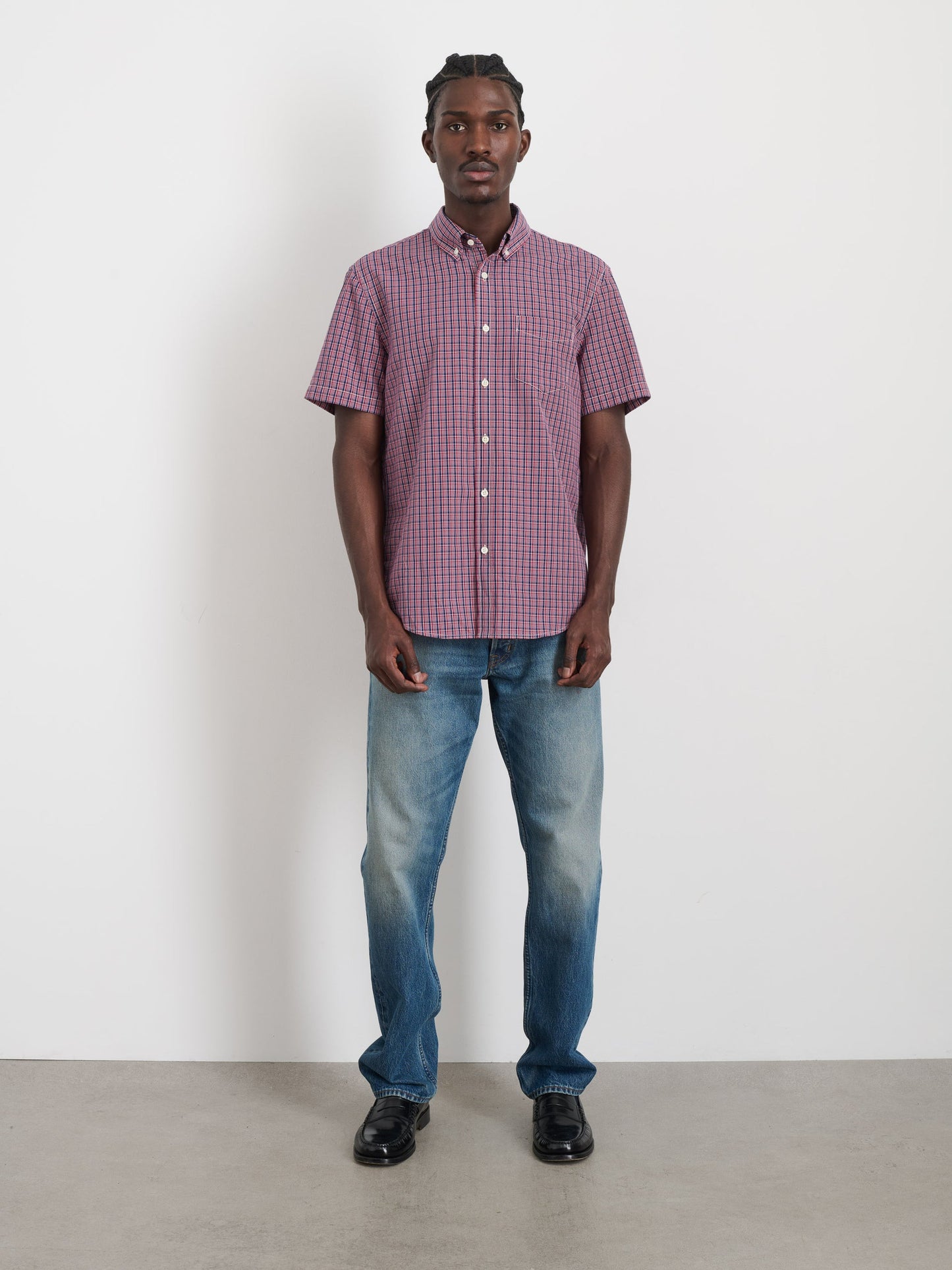Alex Mill Short Sleeve Mill Shirt In Madras Red/Navy