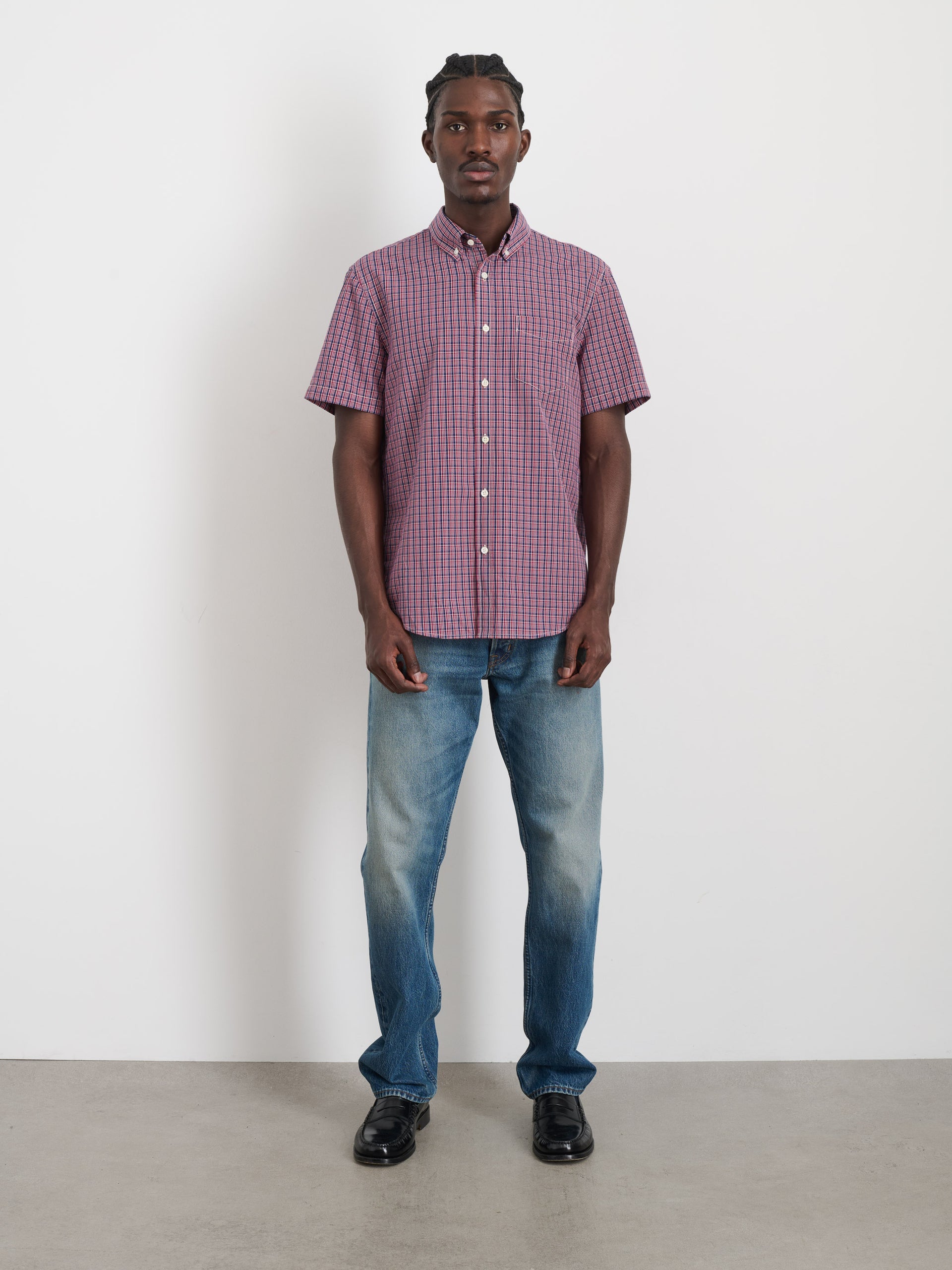 Alex Mill Short Sleeve Mill Shirt In Madras Red/Navy